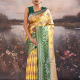 Old Gold Yellow Kanjivaram Tissue Saree With Contrast Border