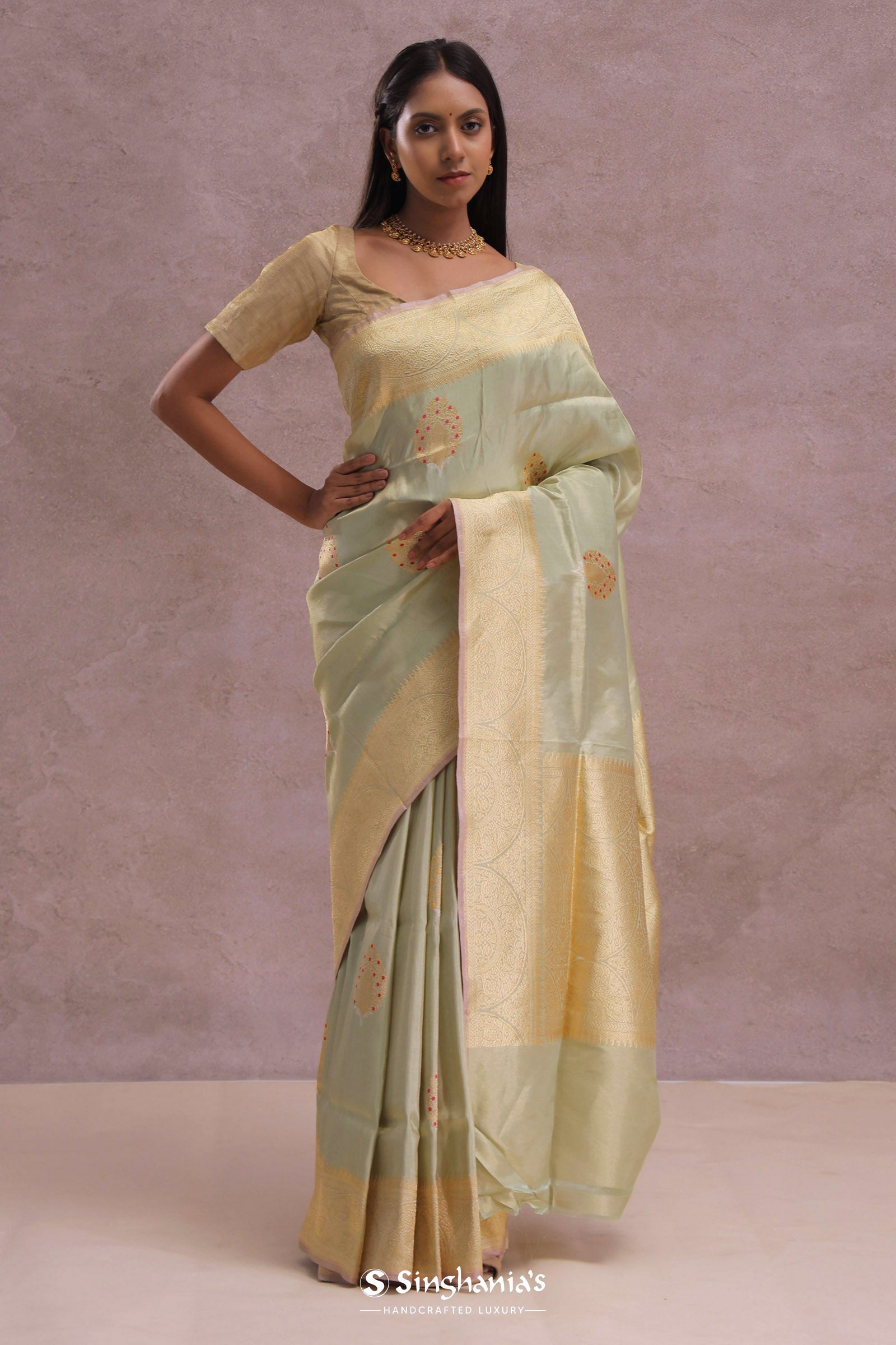 Soft Pistachio Banarasi Mashru Silk Saree