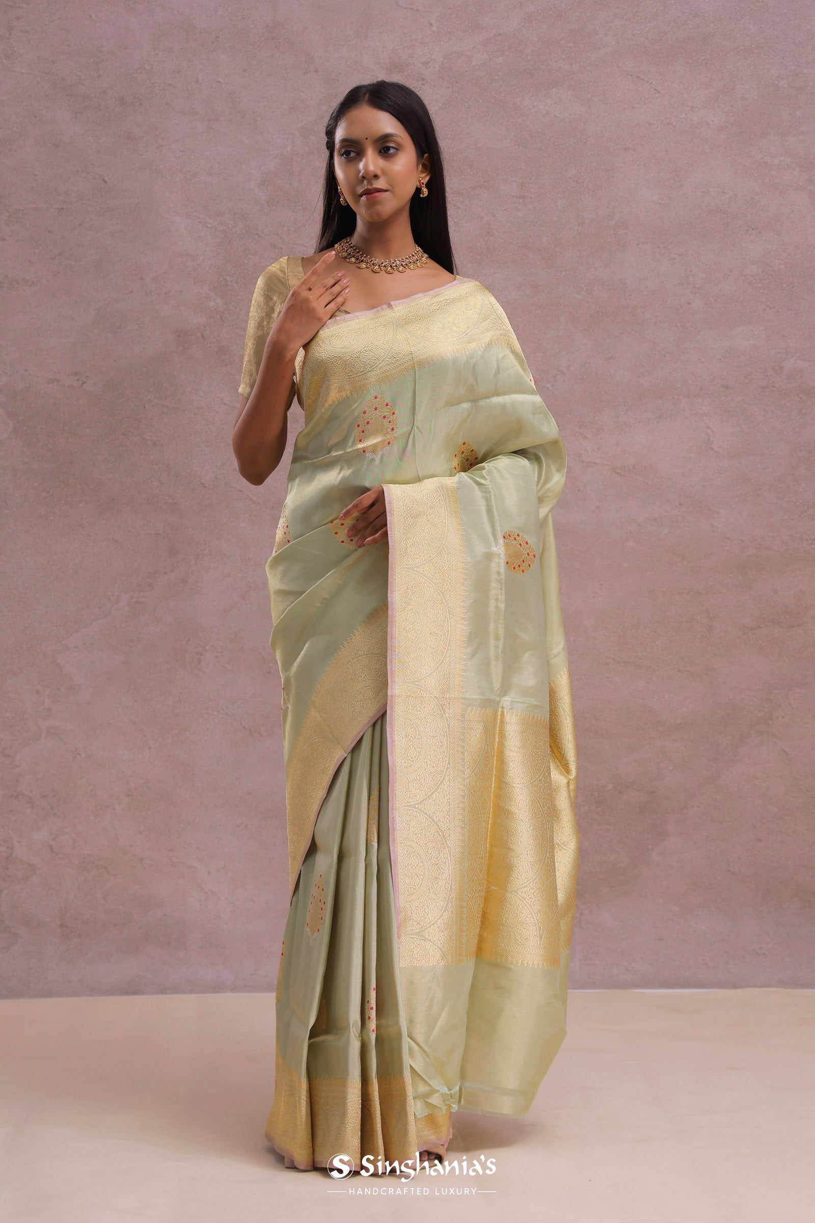 Soft Pistachio Banarasi Mashru Silk Saree
