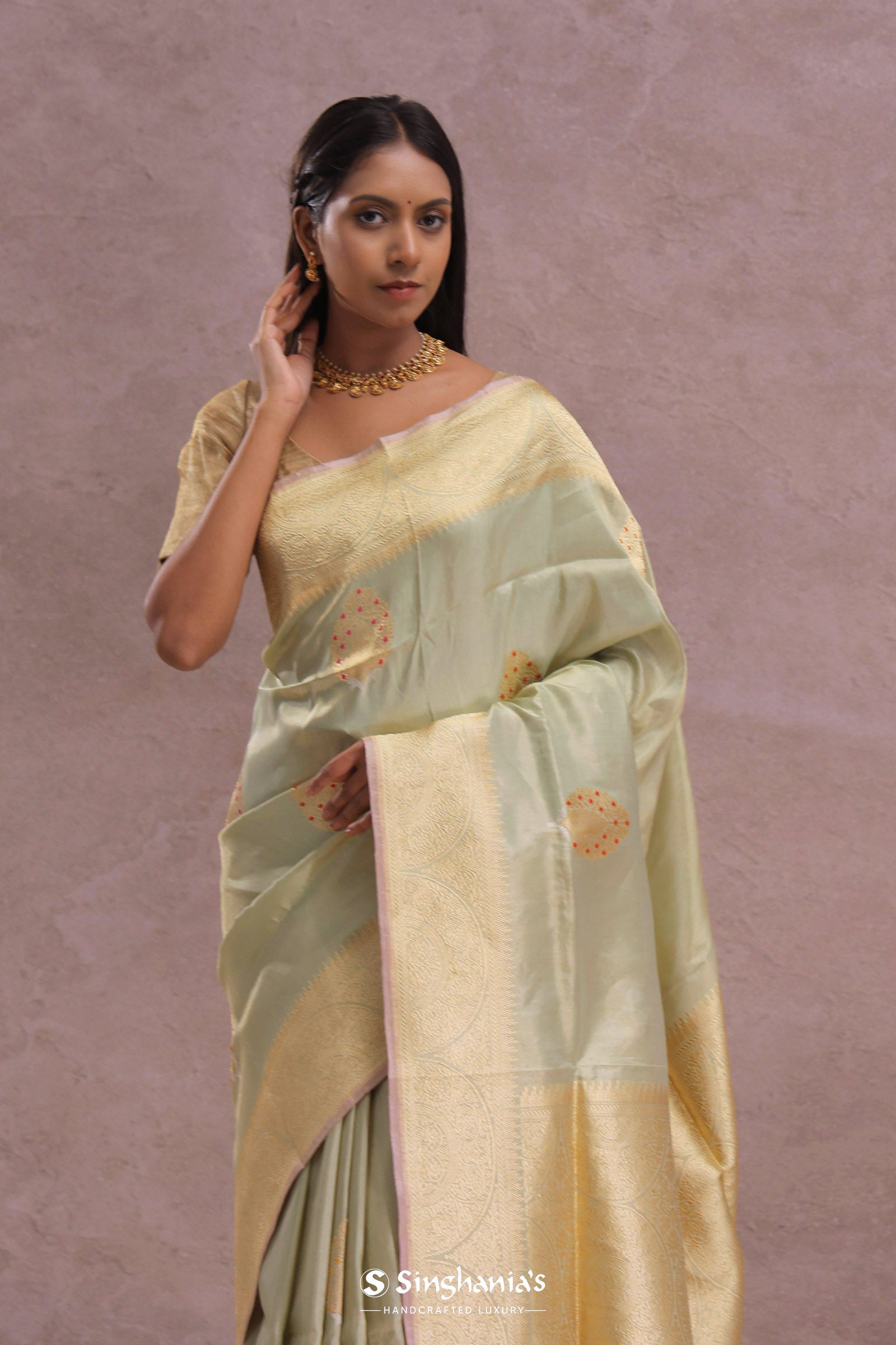 Soft Pistachio Banarasi Mashru Silk Saree