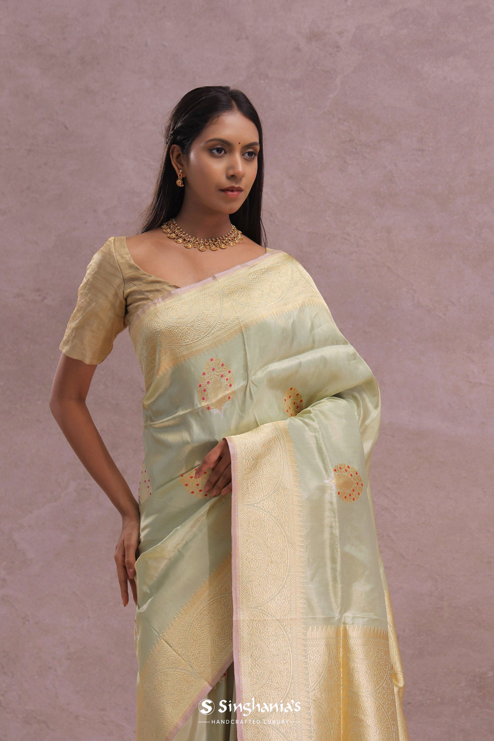 Soft Pistachio Banarasi Mashru Silk Saree