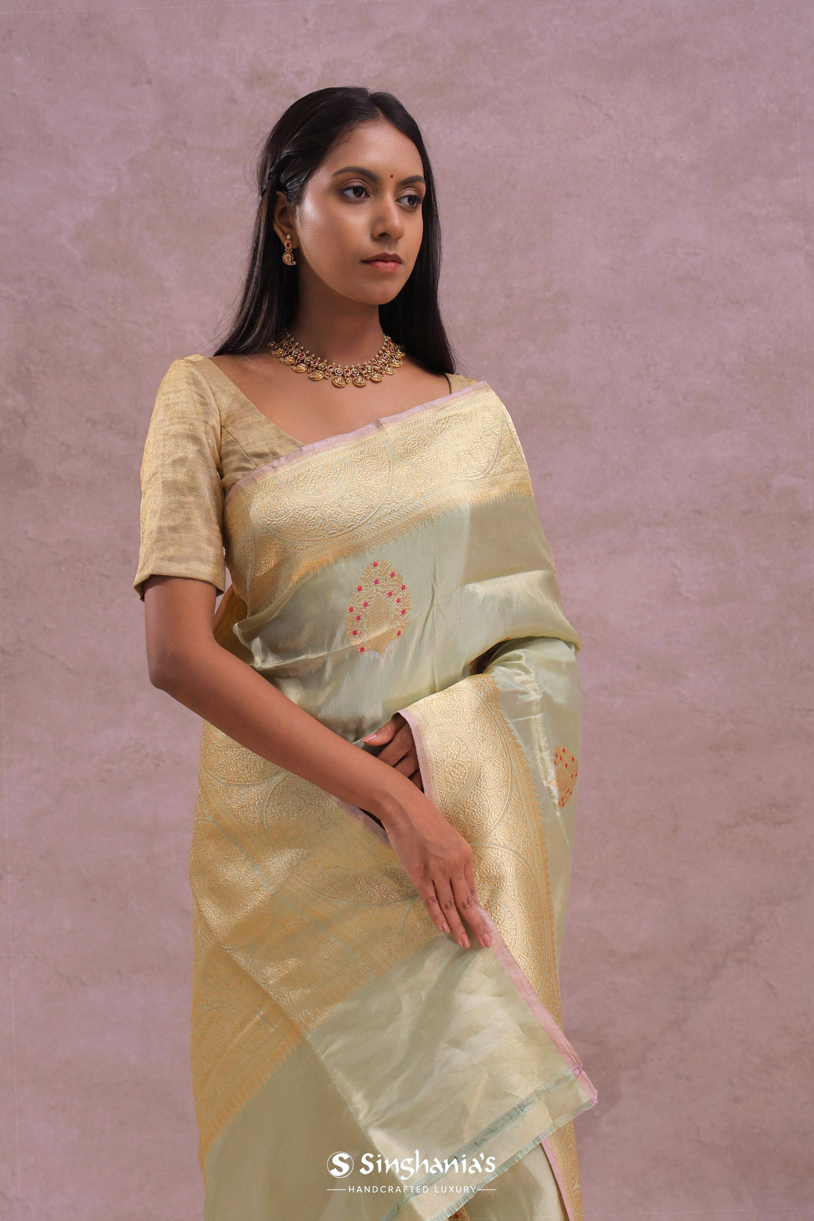 Soft Pistachio Banarasi Mashru Silk Saree