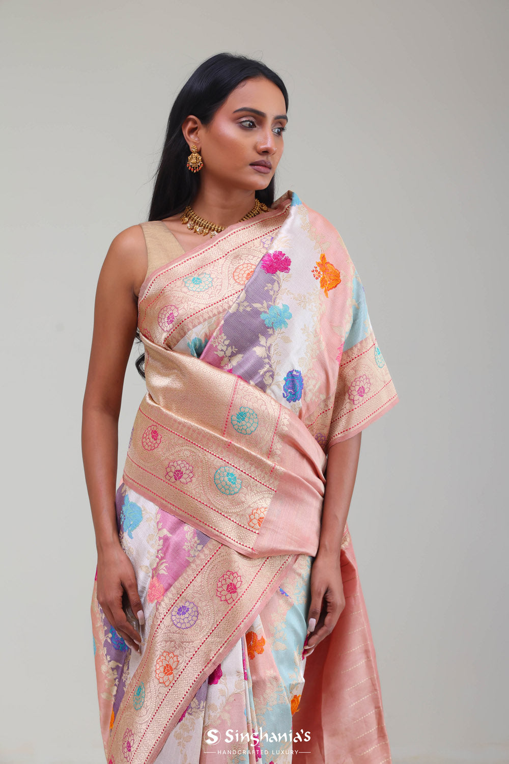 Pastel Peach Rangkat Banarasi Silk Saree With Floral Design