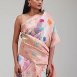 Pastel Peach Rangkat Banarasi Silk Saree With Floral Design