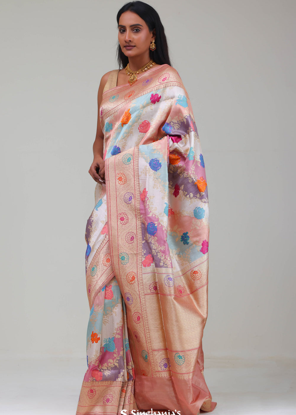 Pastel Peach Rangkat Banarasi Silk Saree With Floral Design
