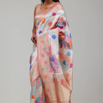 Pastel Peach Rangkat Banarasi Silk Saree With Floral Design