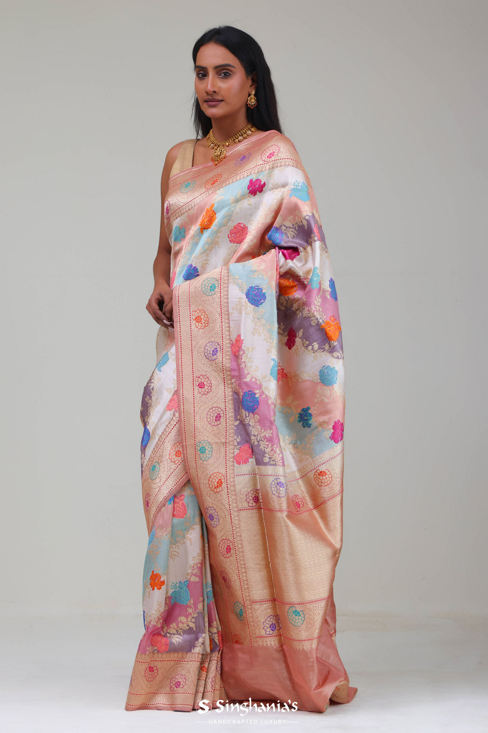 Pastel Peach Rangkat Banarasi Silk Saree With Floral Design