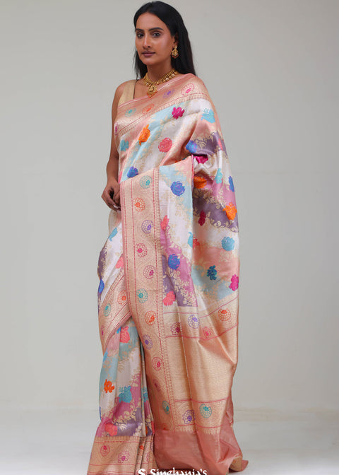 <img> Pastel Peach Rangkat Banarasi Silk Saree With Floral Design