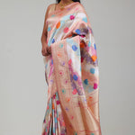 Pastel Peach Rangkat Banarasi Silk Saree With Floral Design