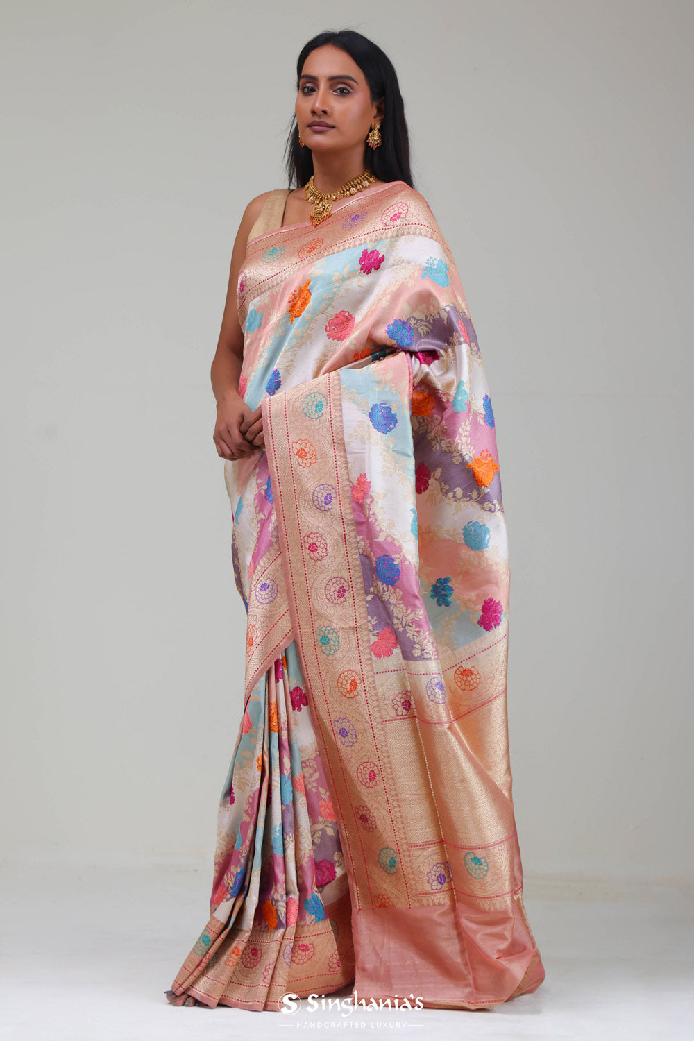 Pastel Peach Rangkat Banarasi Silk Saree With Floral Design