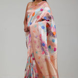 Pastel Peach Rangkat Banarasi Silk Saree With Floral Design