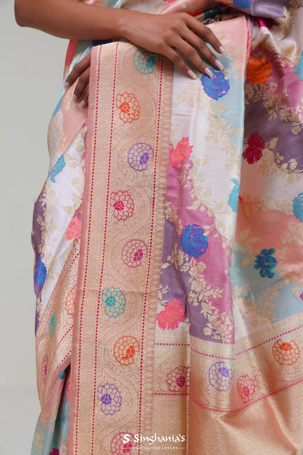 Pastel Peach Rangkat Banarasi Silk Saree With Floral Design