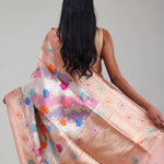Pastel Peach Rangkat Banarasi Silk Saree With Floral Design