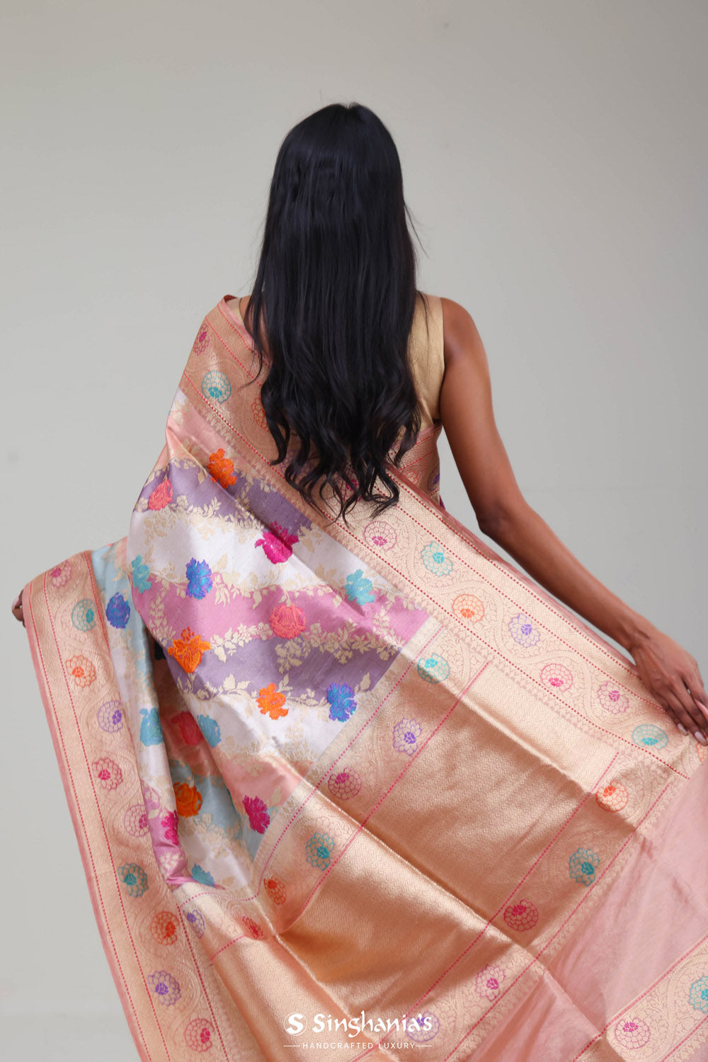 Pastel Peach Rangkat Banarasi Silk Saree With Floral Design