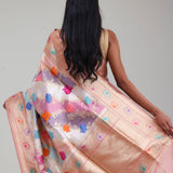 Pastel Peach Rangkat Banarasi Silk Saree With Floral Design
