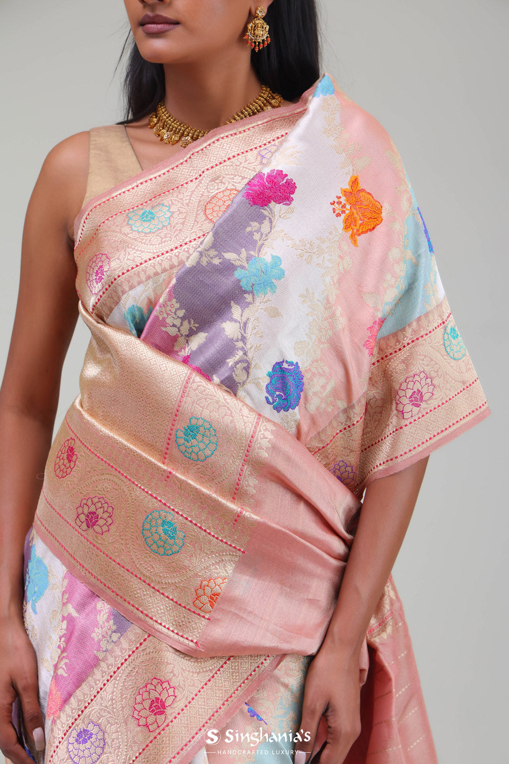 Pastel Peach Rangkat Banarasi Silk Saree With Floral Design
