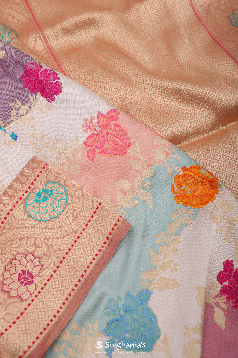 Pastel Peach Rangkat Banarasi Silk Saree With Floral Design