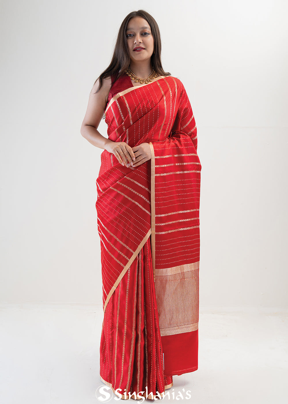 Cardinals Red Satin Banarasi Stripe Saree