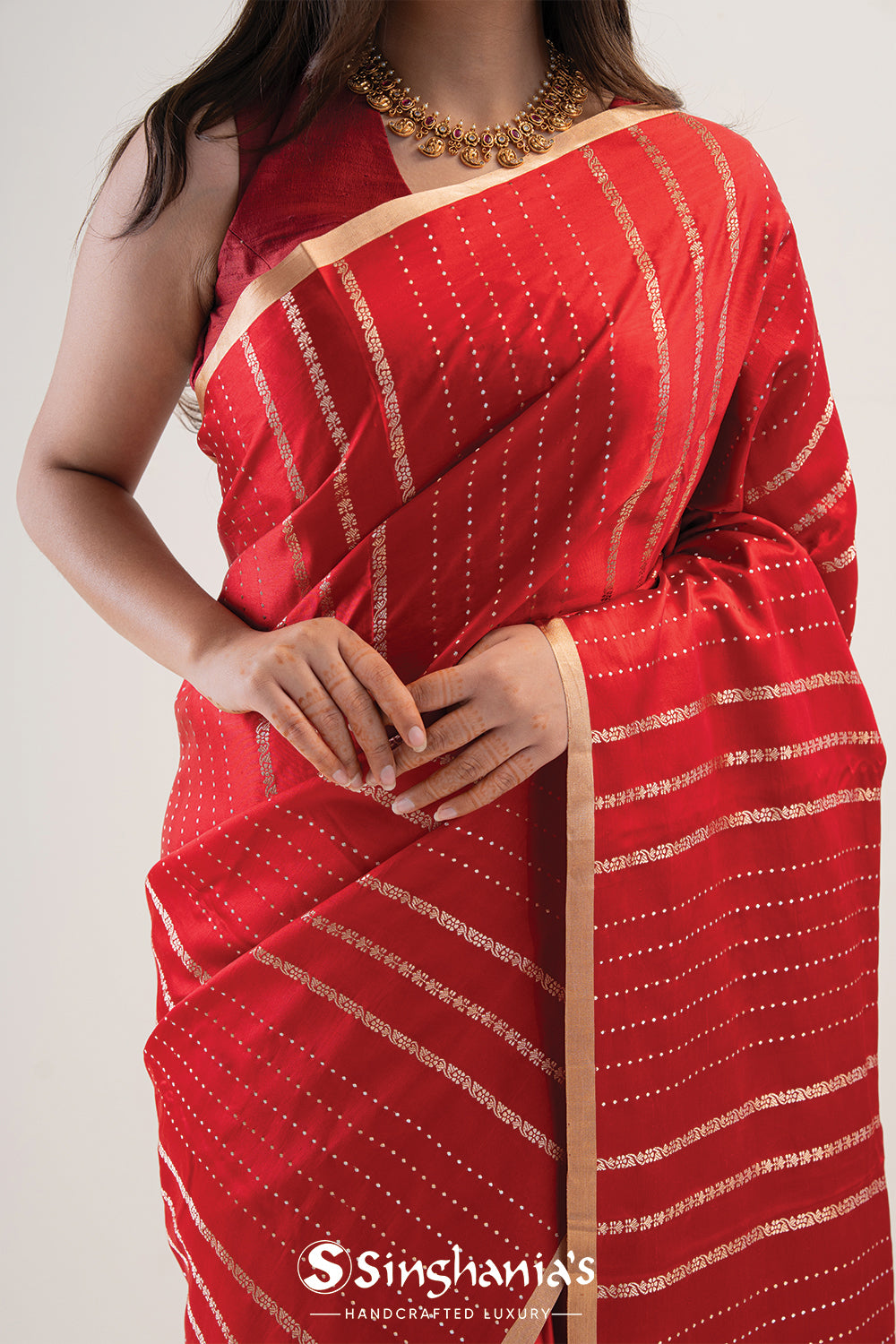 Cardinals Red Satin Banarasi Stripe Saree