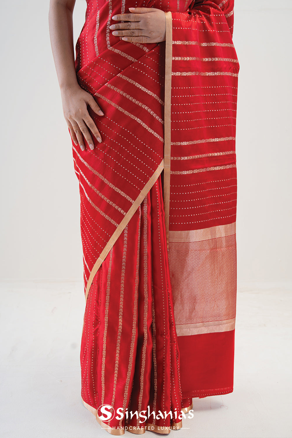 Cardinals Red Satin Banarasi Stripe Saree