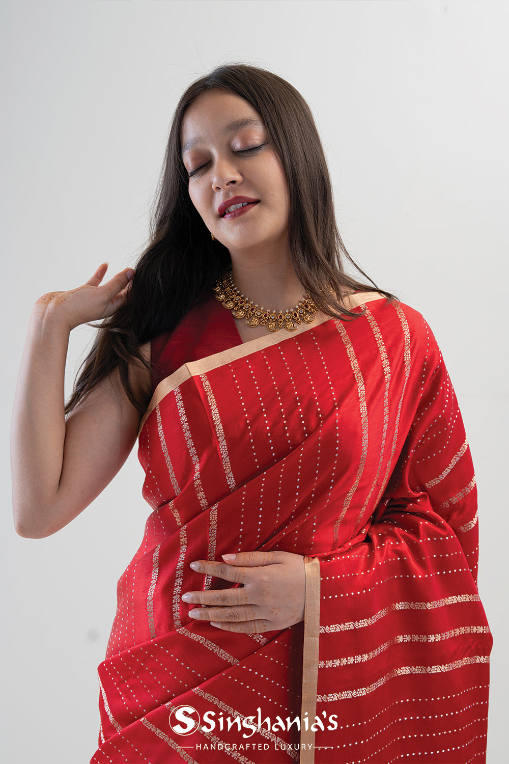 Cardinals Red Satin Banarasi Stripe Saree