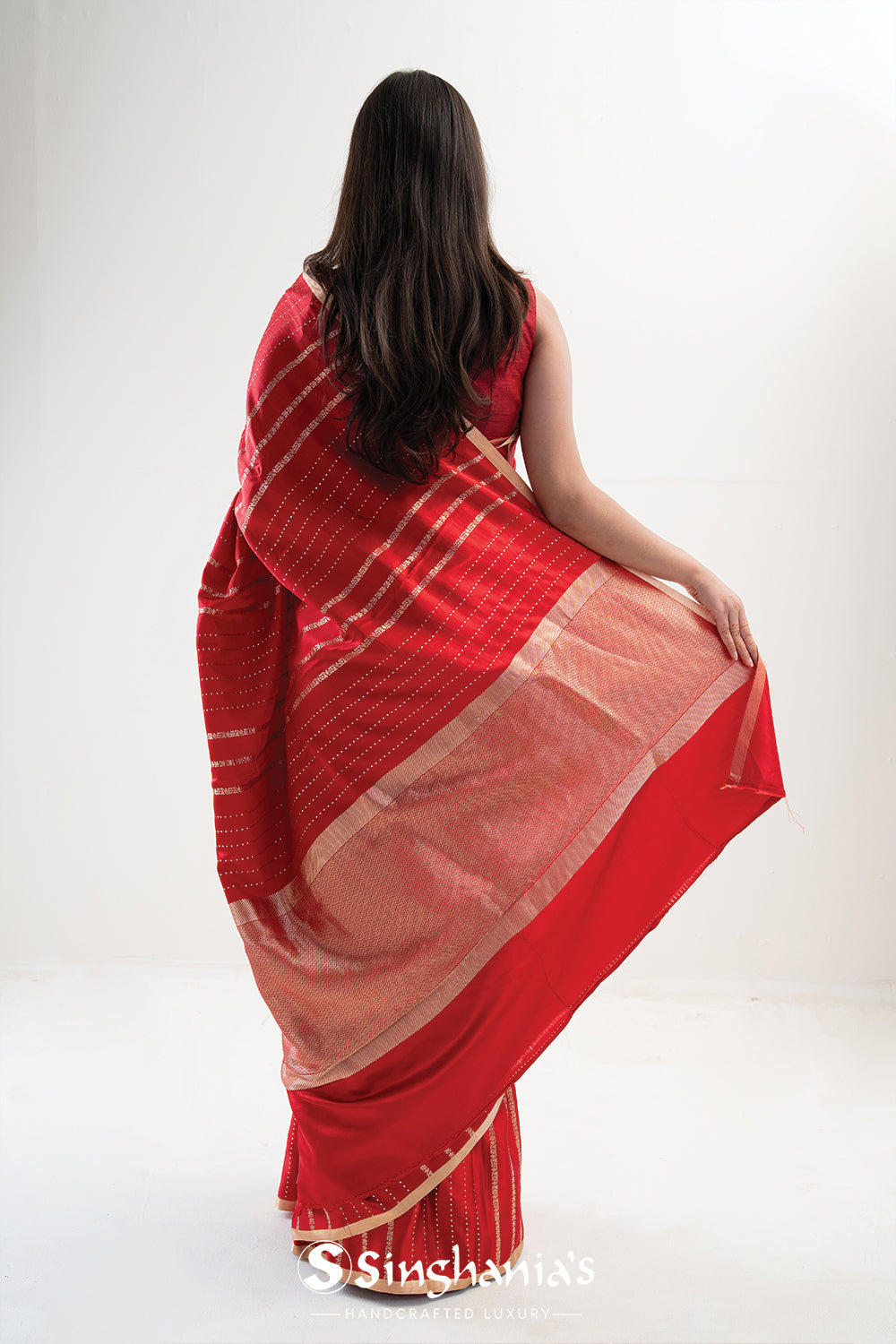 Cardinals Red Satin Banarasi Stripe Saree