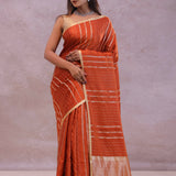Burnt Orange Mashru Banarasi Silk With Gold Zari Stripes