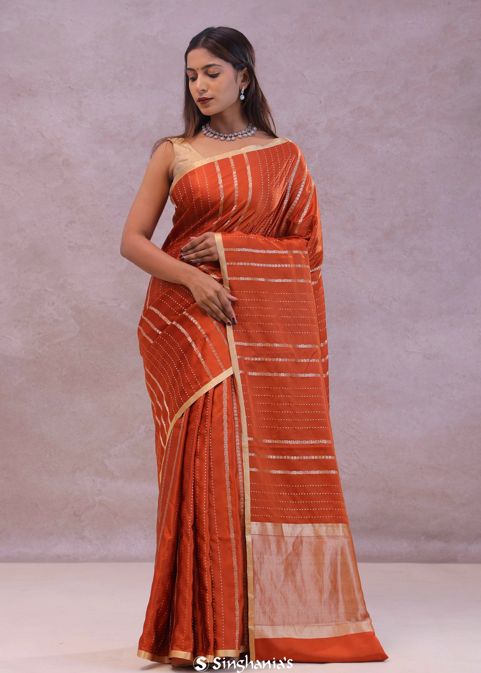 Burnt Orange Mashru Banarasi Silk With Gold Zari Stripes