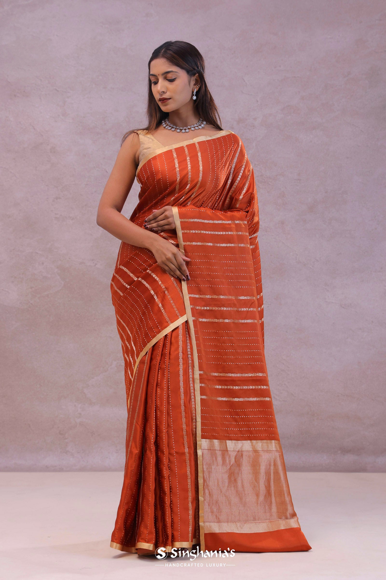 Burnt Orange Mashru Banarasi Silk With Gold Zari Stripes