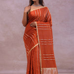 Burnt Orange Mashru Banarasi Silk With Gold Zari Stripes