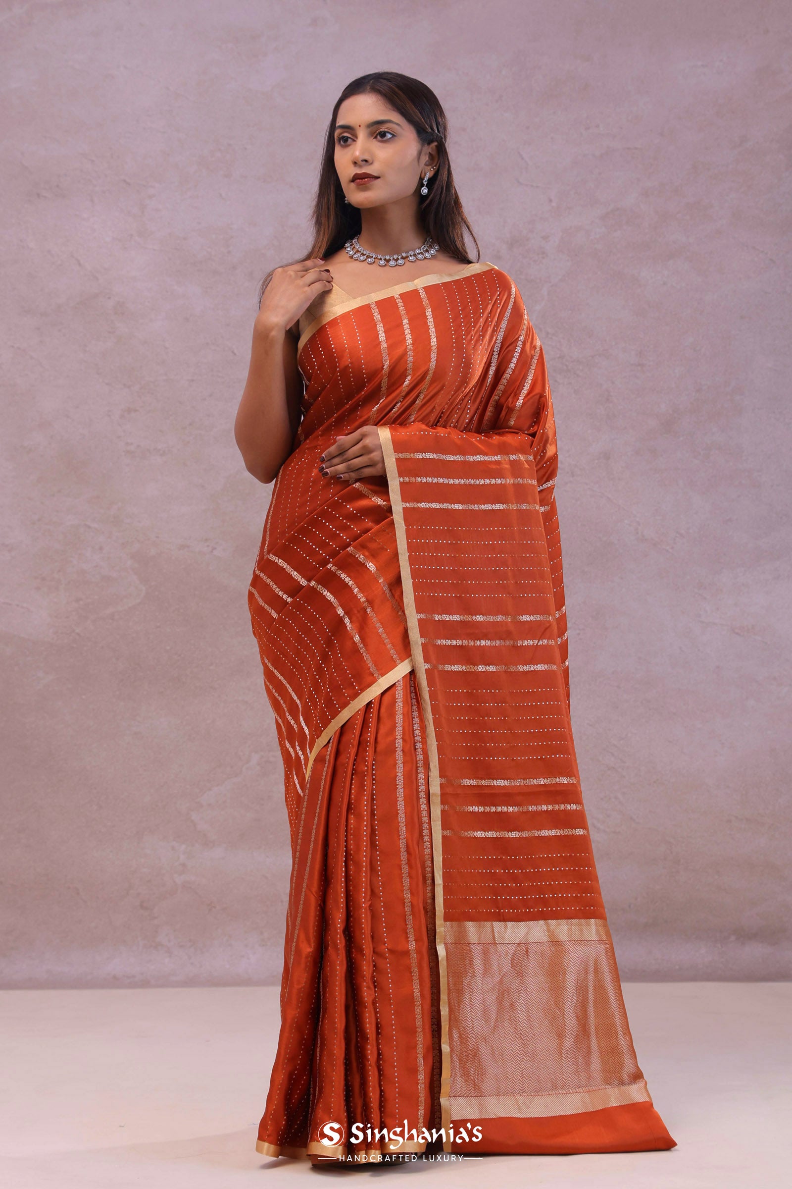 Burnt Orange Mashru Banarasi Silk With Gold Zari Stripes