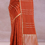 Burnt Orange Mashru Banarasi Silk With Gold Zari Stripes