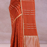 Burnt Orange Mashru Banarasi Silk With Gold Zari Stripes