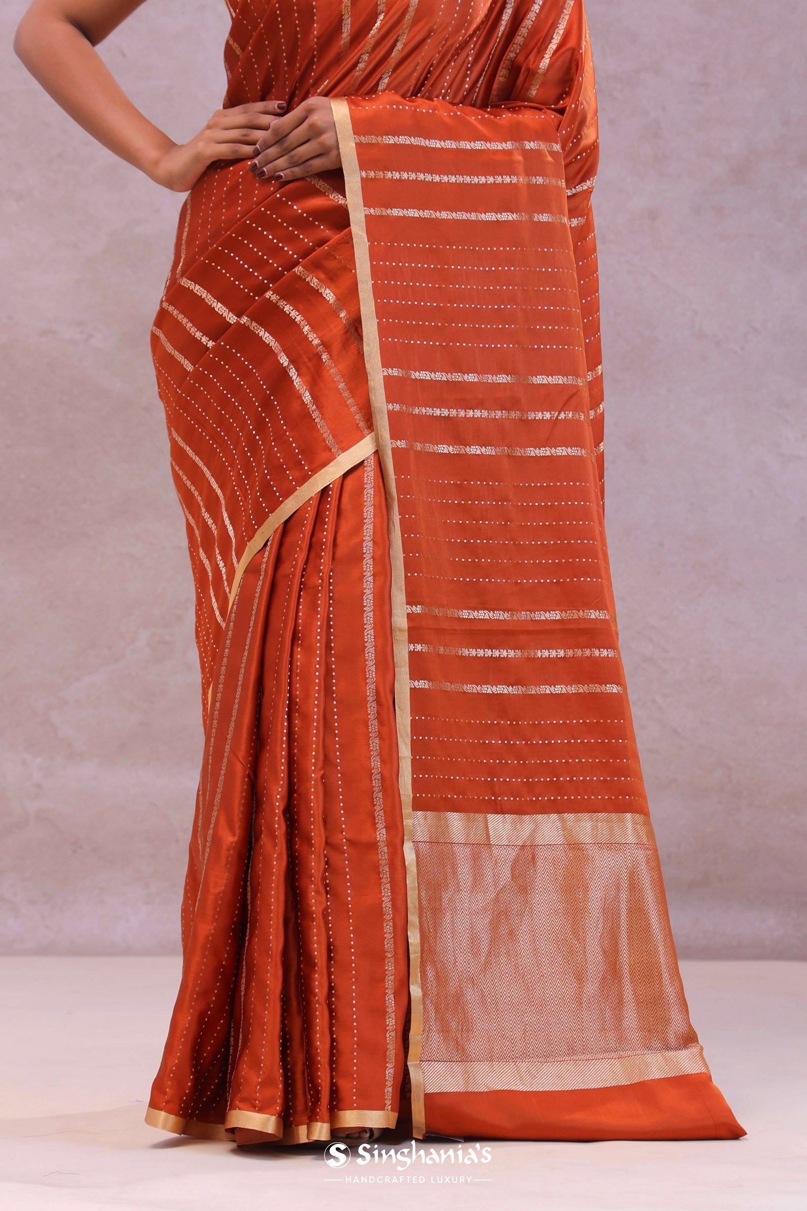 Burnt Orange Mashru Banarasi Silk With Gold Zari Stripes