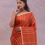 Burnt Orange Mashru Banarasi Silk With Gold Zari Stripes