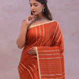Burnt Orange Mashru Banarasi Silk With Gold Zari Stripes