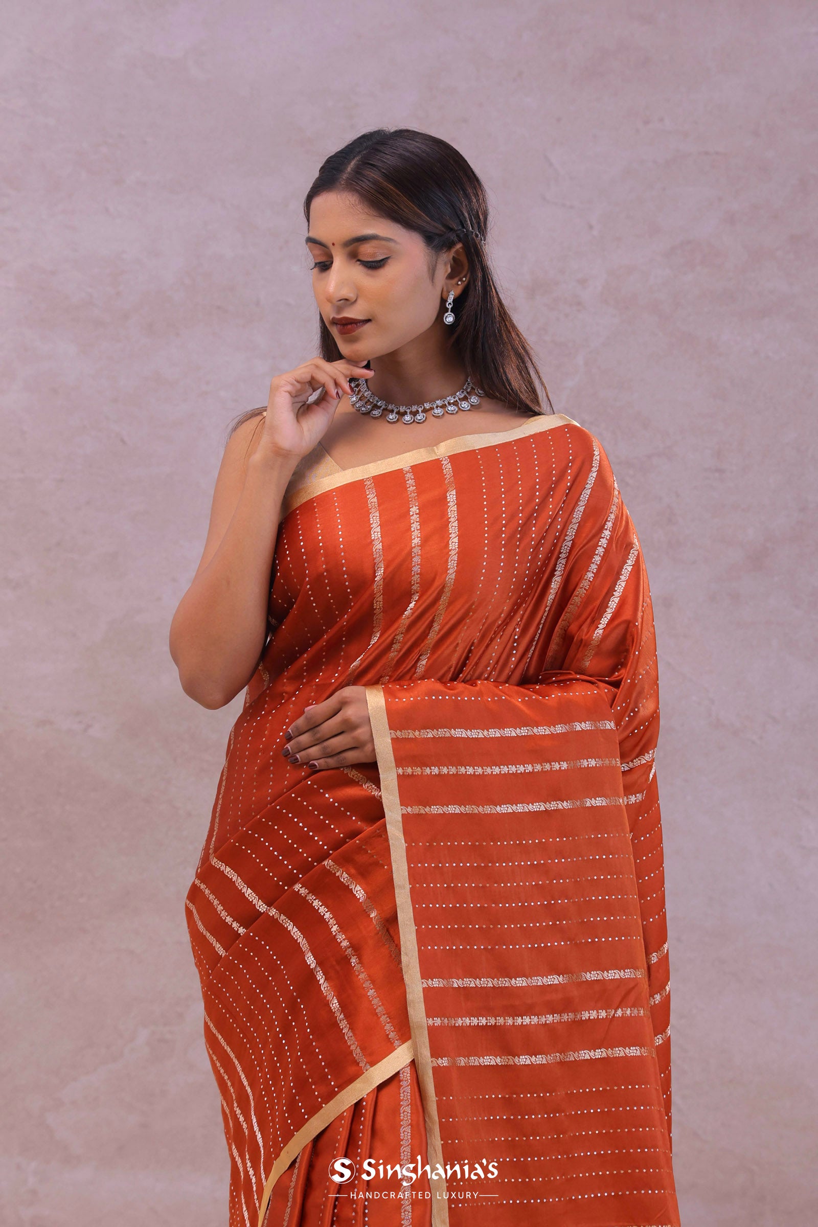 Burnt Orange Mashru Banarasi Silk With Gold Zari Stripes
