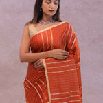 Burnt Orange Mashru Banarasi Silk With Gold Zari Stripes