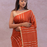 Burnt Orange Mashru Banarasi Silk With Gold Zari Stripes