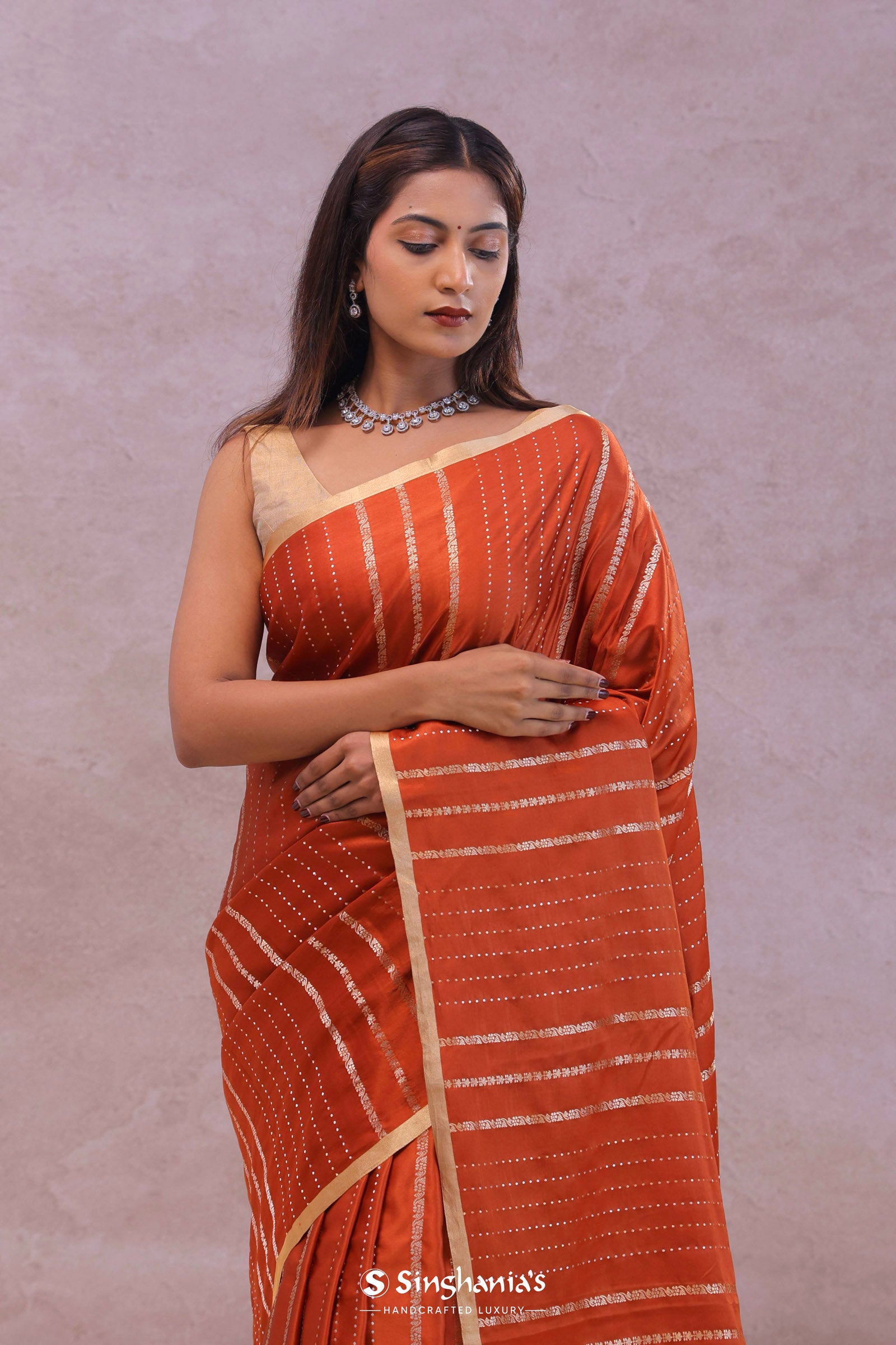 Burnt Orange Mashru Banarasi Silk With Gold Zari Stripes