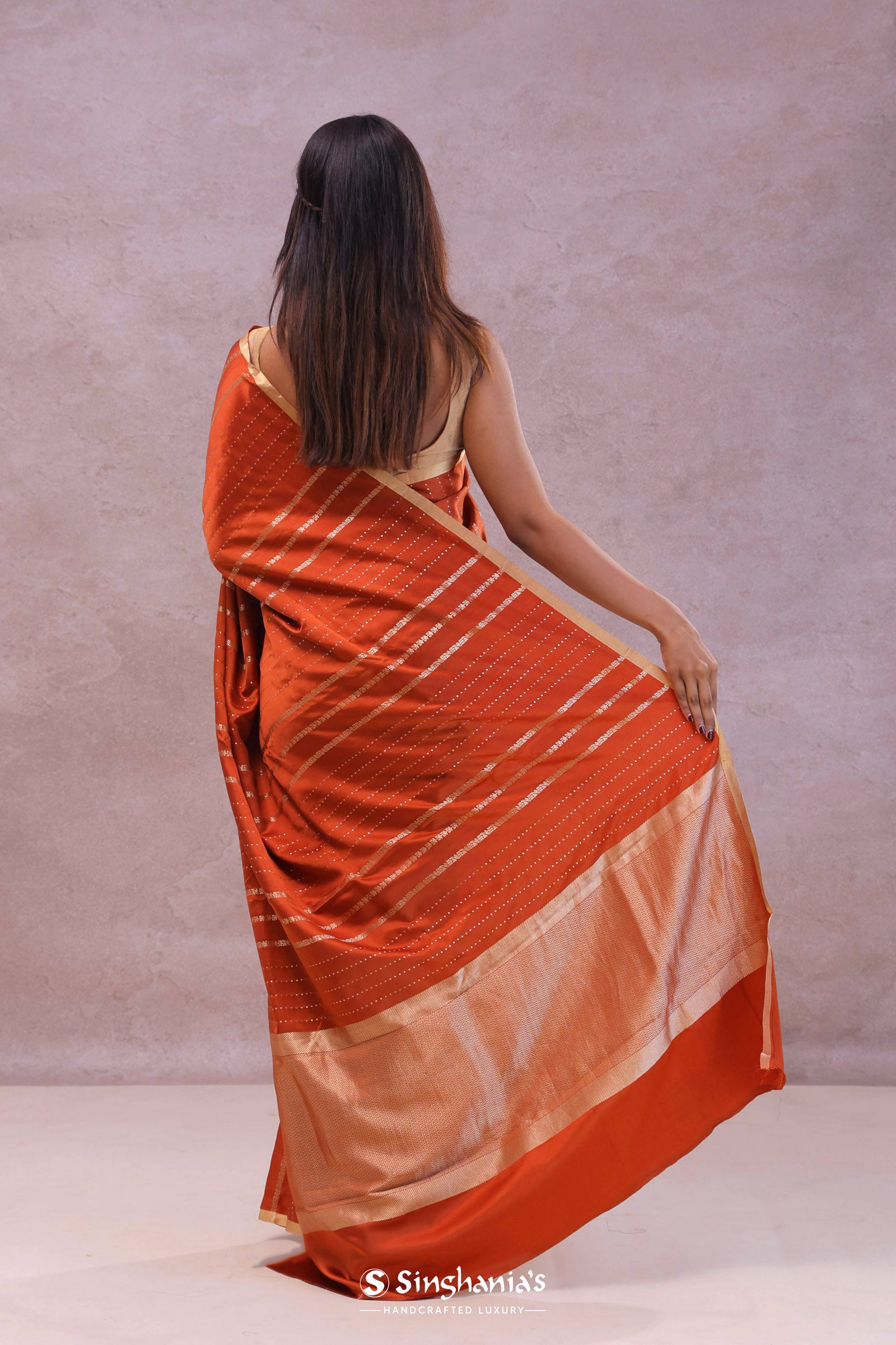Burnt Orange Mashru Banarasi Silk With Gold Zari Stripes