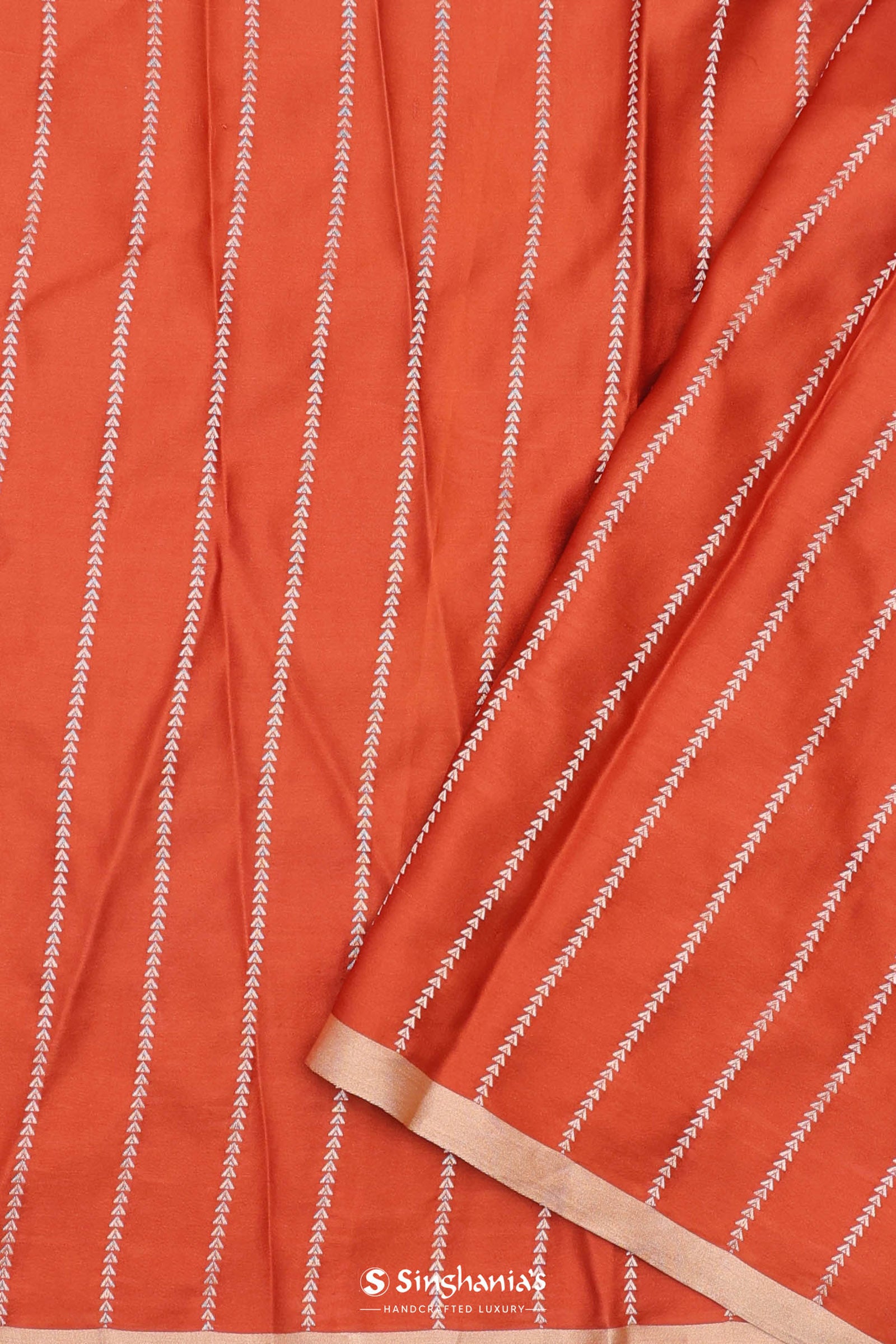 Burnt Orange Mashru Banarasi Silk With Gold Zari Stripes