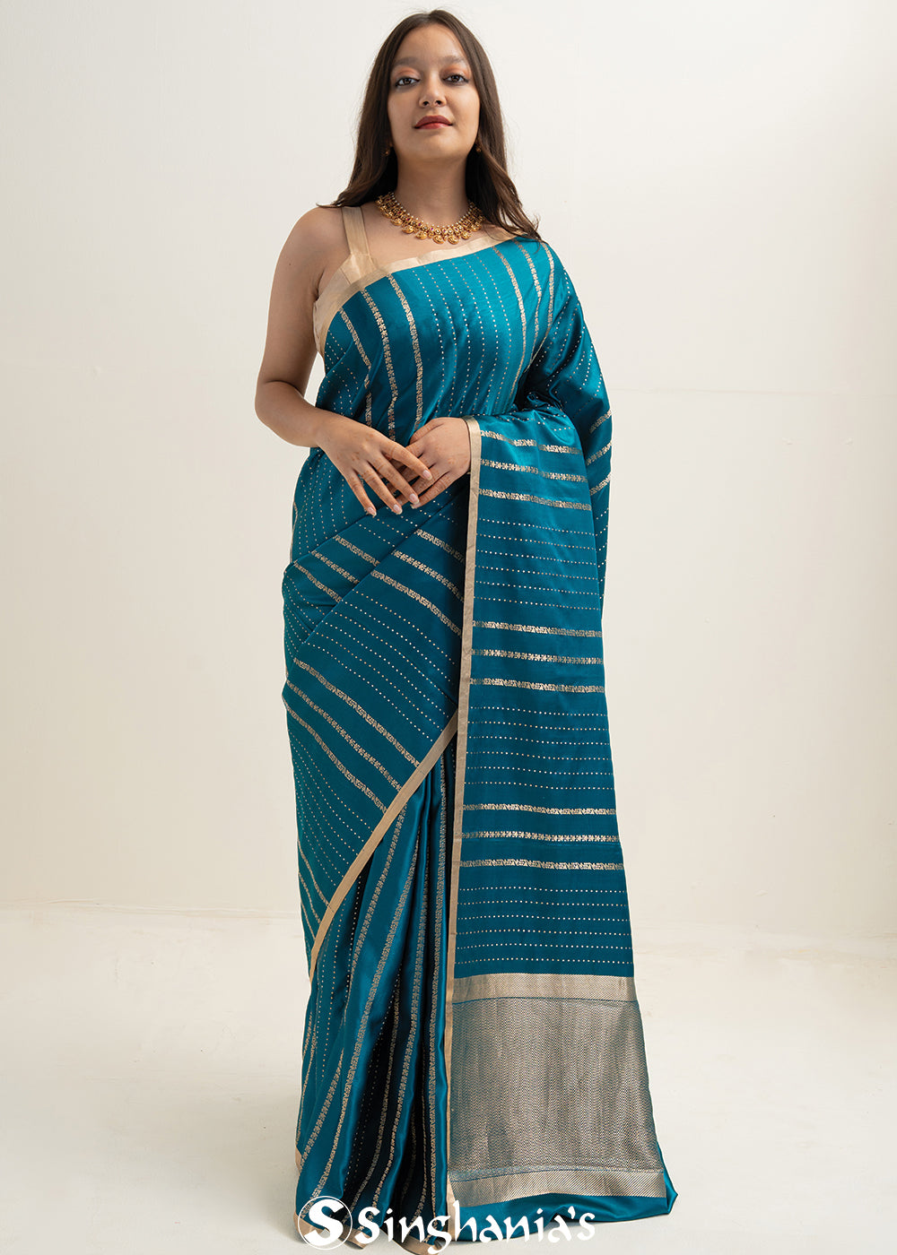 Munsell Blue Satin Banarasi Stripe Saree