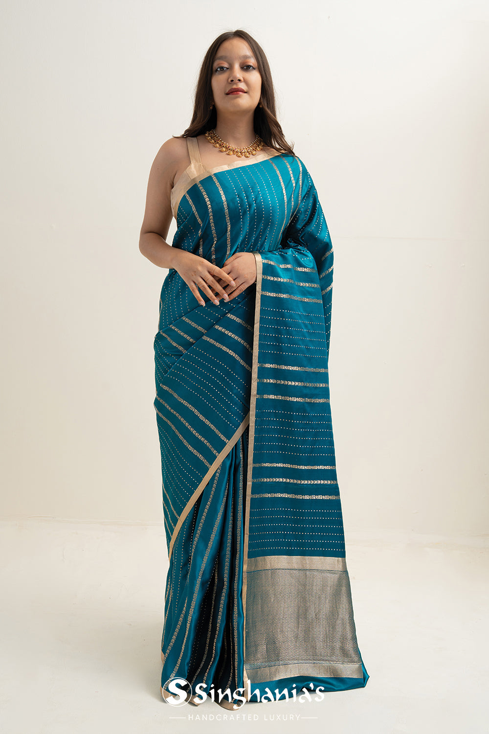 Munsell Blue Satin Banarasi Stripe Saree