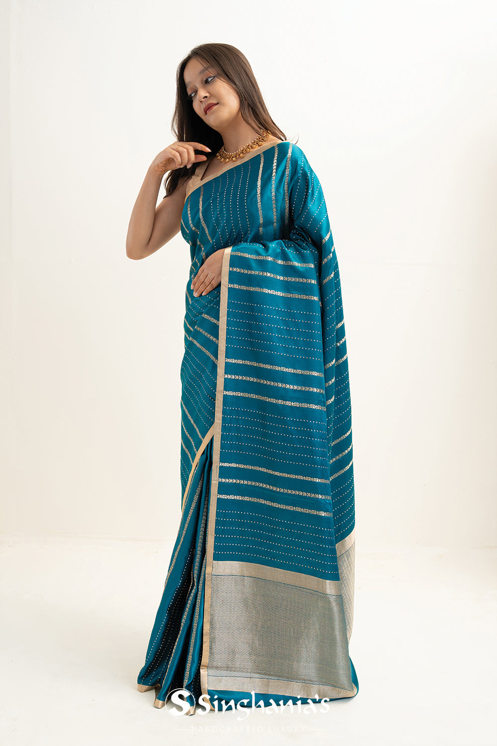 Munsell Blue Satin Banarasi Stripe Saree