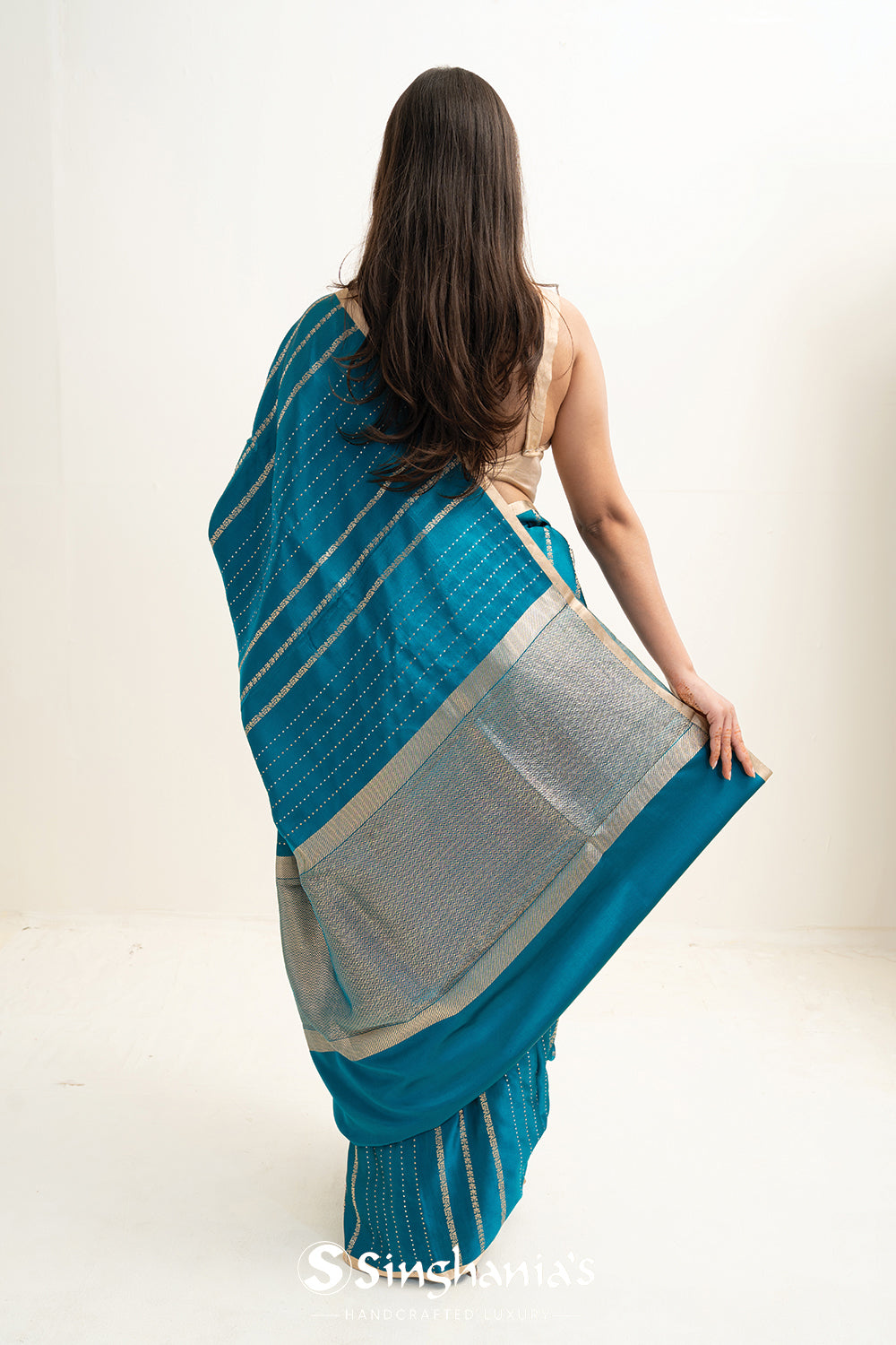 Munsell Blue Satin Banarasi Stripe Saree