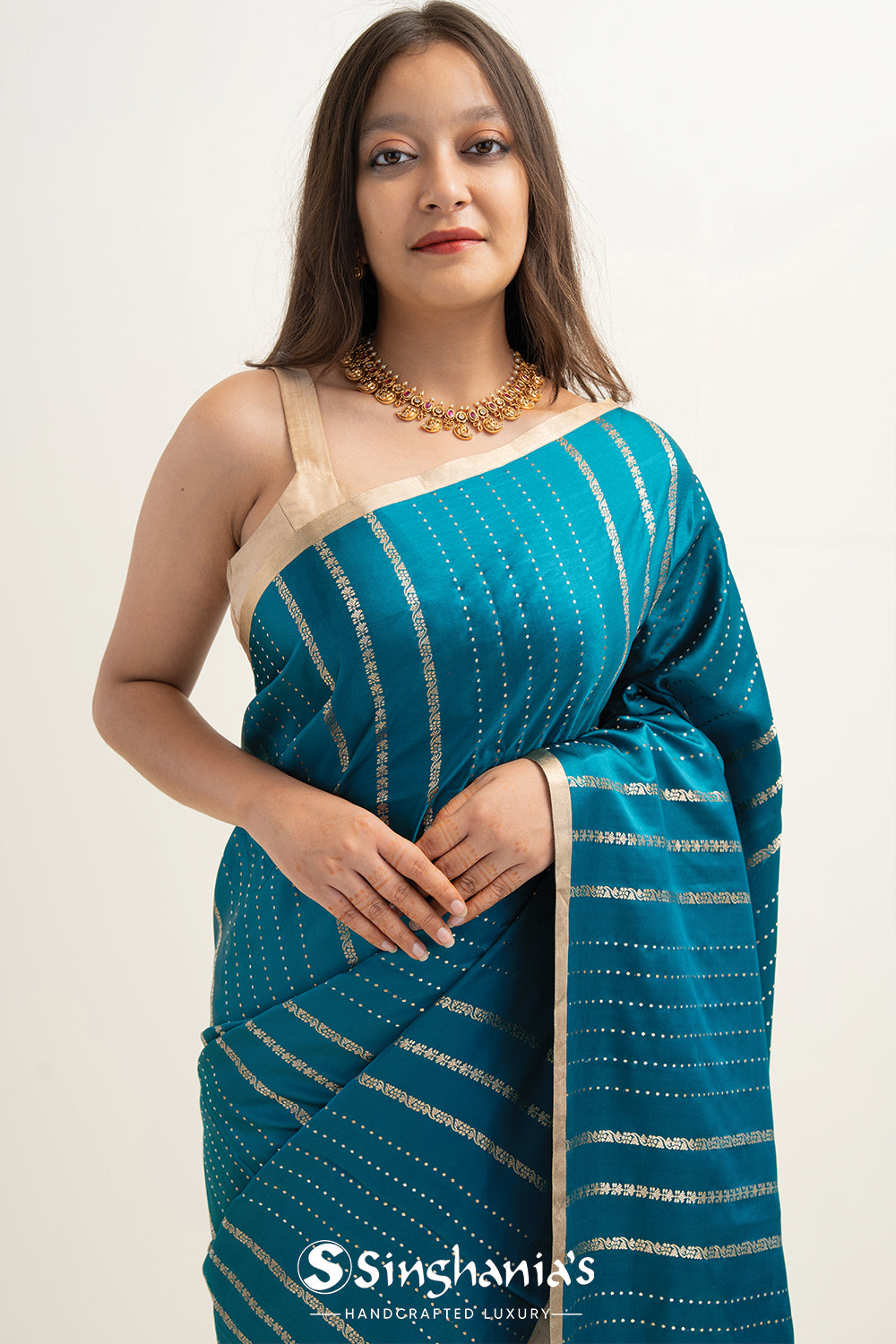 Munsell Blue Satin Banarasi Stripe Saree