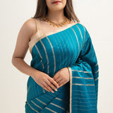 Munsell Blue Satin Banarasi Stripe Saree