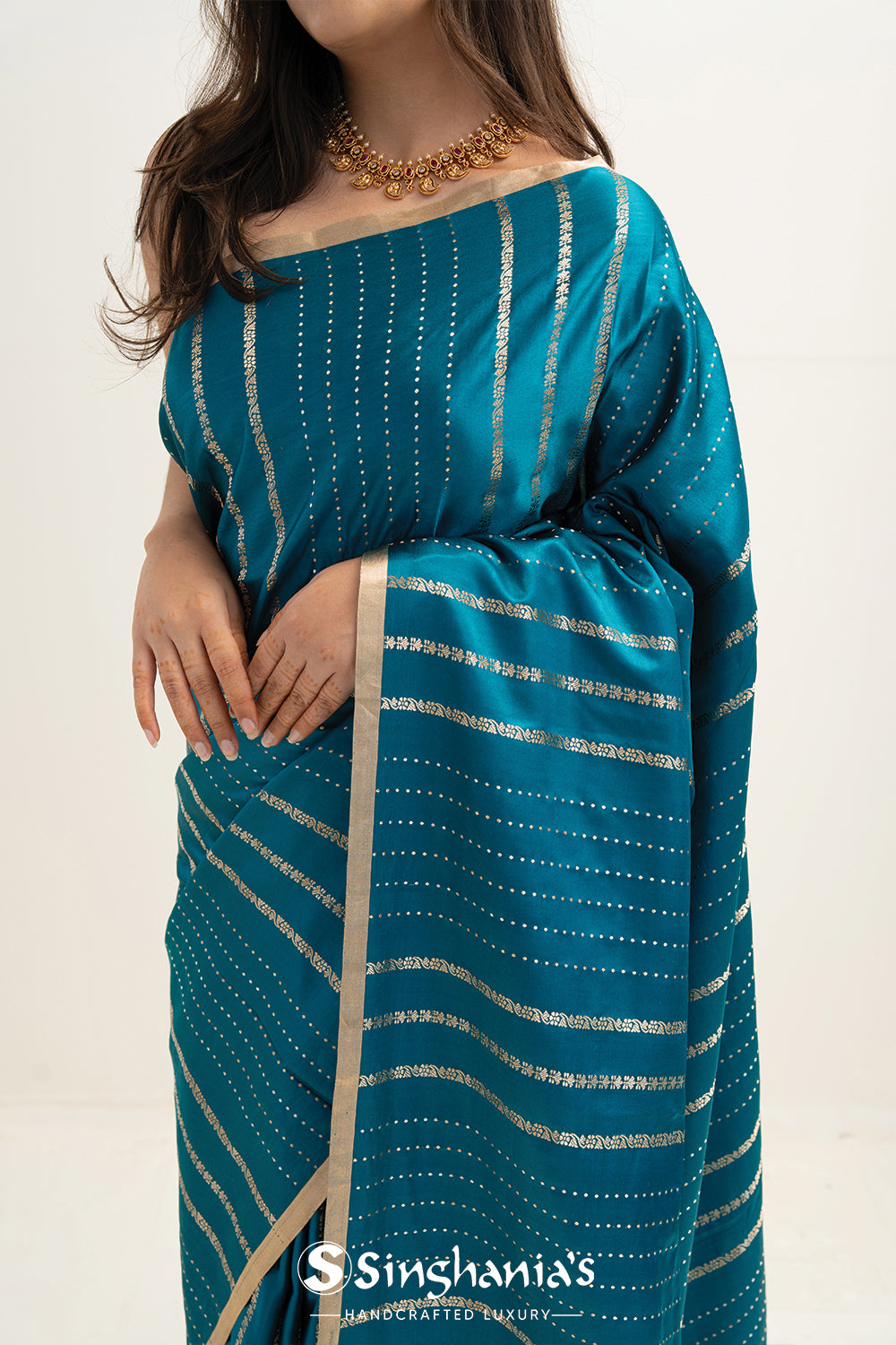 Munsell Blue Satin Banarasi Stripe Saree
