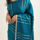 Munsell Blue Satin Banarasi Stripe Saree
